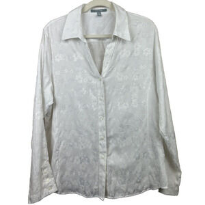 Foxcroft White Fitted Button Down Blouse Plus 18 Floral Damask Minimalist Staple